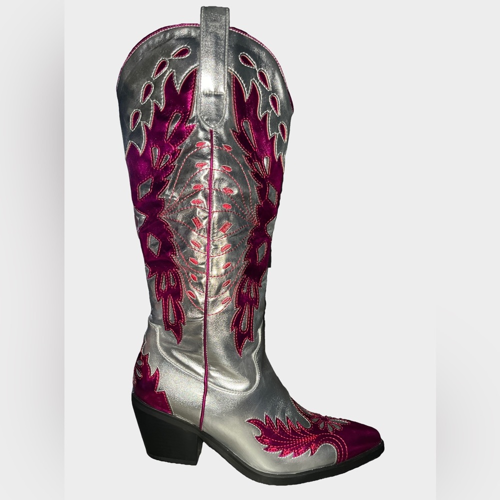 Azalea Wang 
Metallic Silver & Magenta Western Heeled Boots